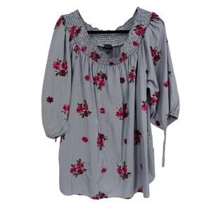 Melissa Pai Blue White Stripe Embroidered Floral Off Shoulder Smocked Top 3X